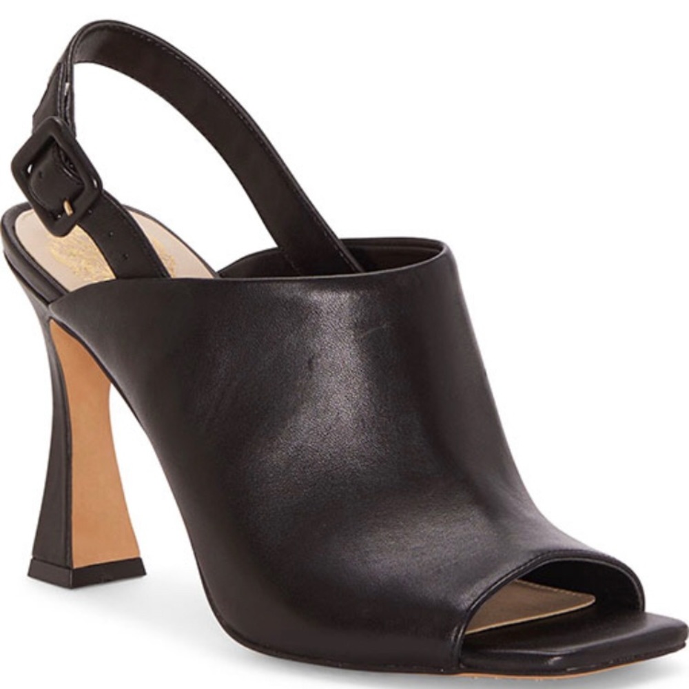 NEW Vince Camuto Releen Flare Heel Black Leather Slingback Square Toe Pumps